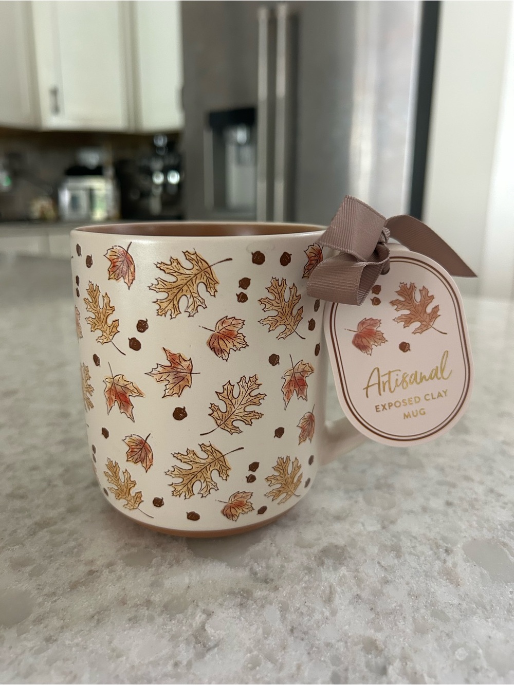 “New” Artisanal Cream Ceramic Mug with Brown Acorns & Orange Leaf Design
